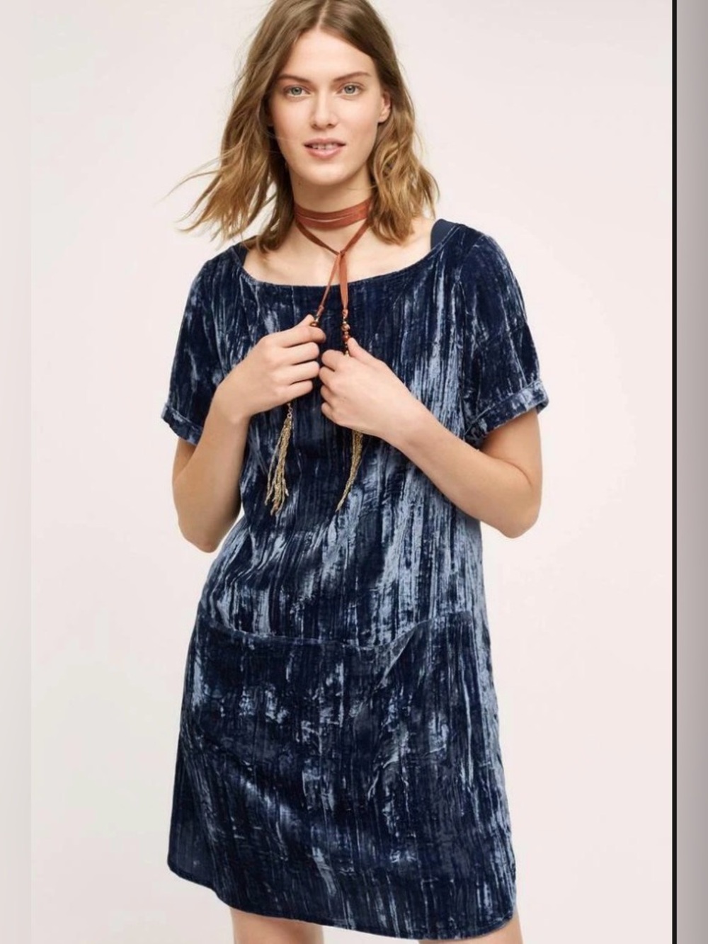 Anthropologie Floreat Crushed Blue Velvet Short Sleeve Shift Dress Size M